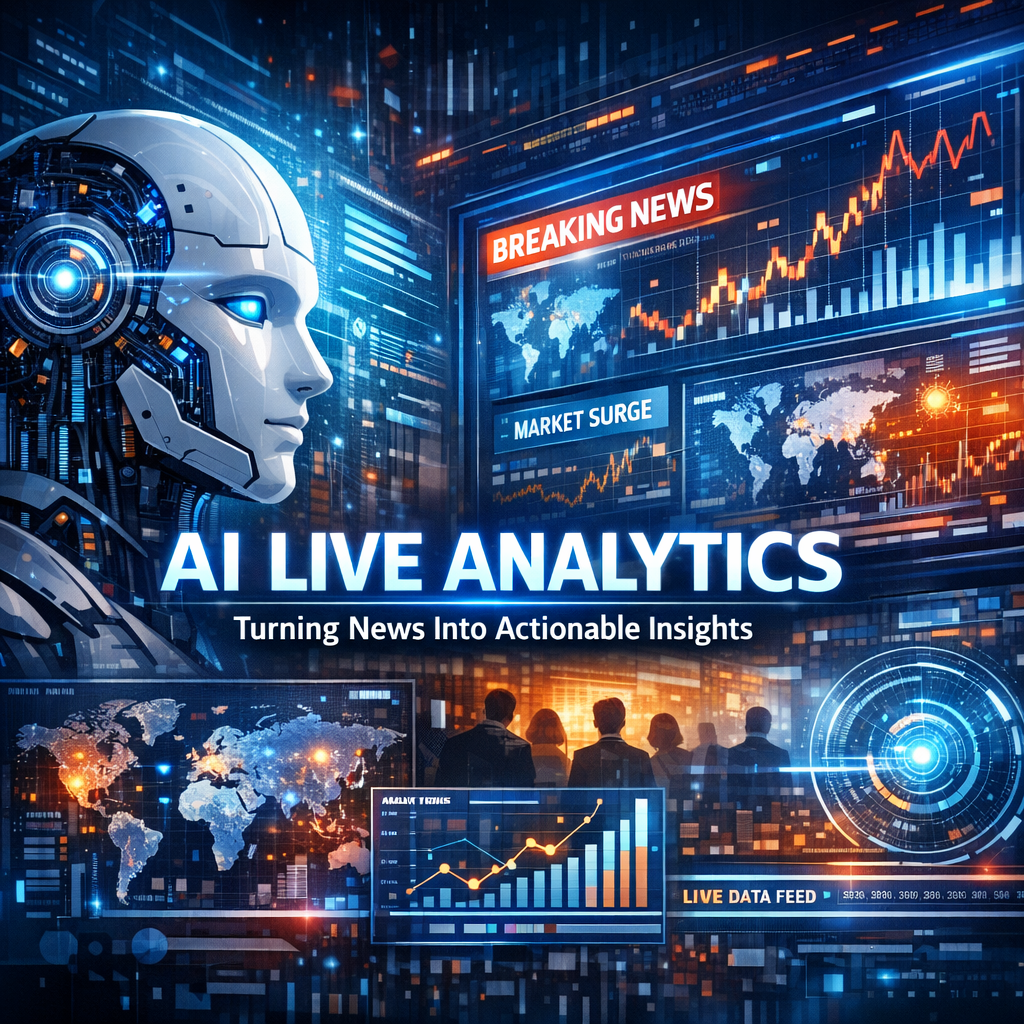 "Dashboard showing AI live analytics with real-time market data and news insights."