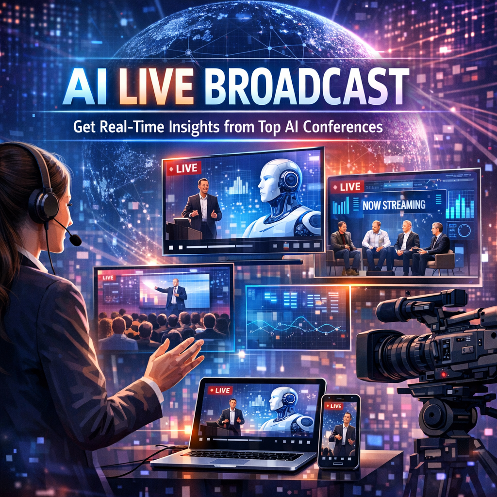 Graphic of various digital devices displaying AI conference scenes, illustrating a live broadcast.