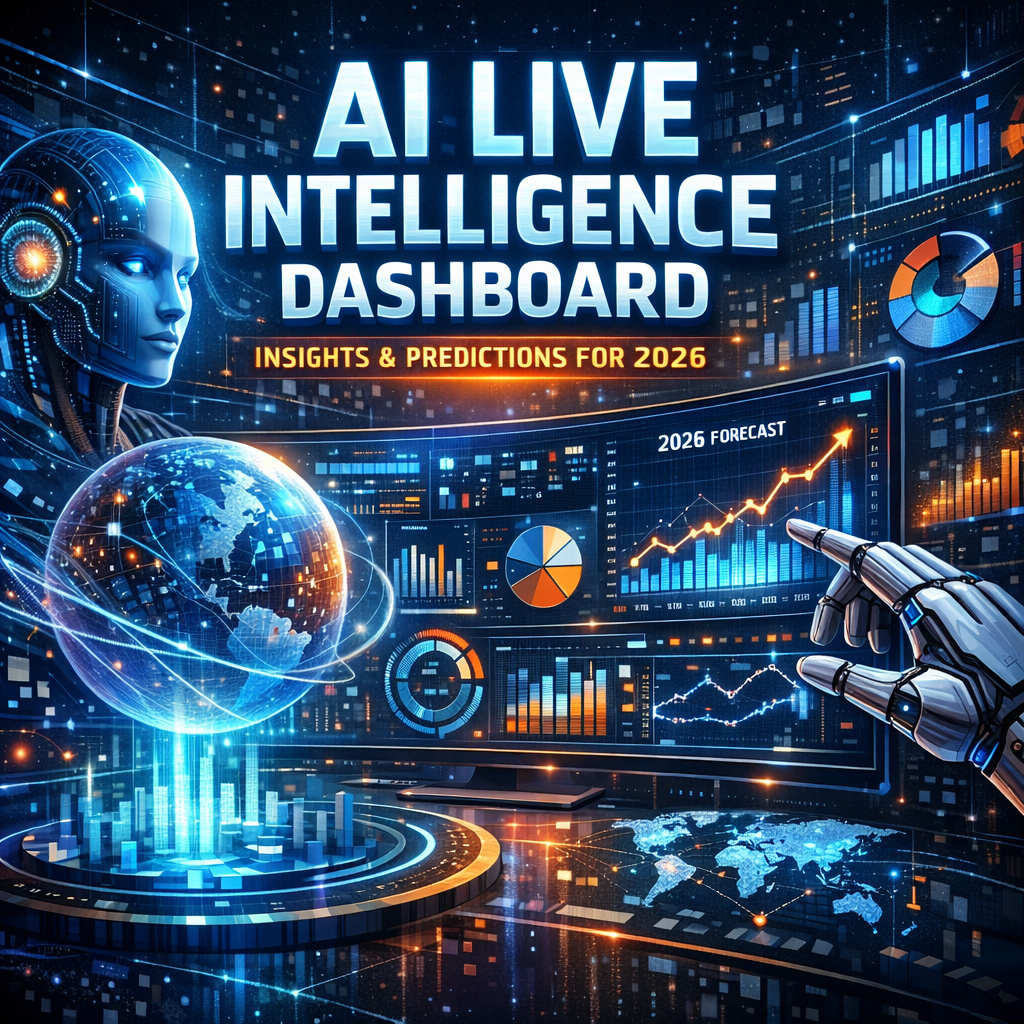 Screenshot of AI Live Intelligence Dashboard showing futuristic data insights and predictions for 2026.