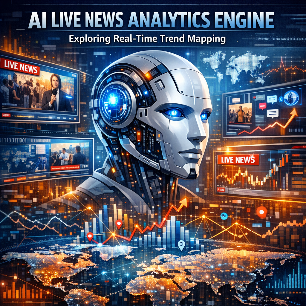 Graphic of AI Live News Analytics Engine dashboard displaying real-time trend maps and data insights.