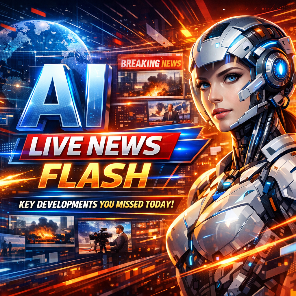 Futuristic robot presenting on a screen titled "AI Live News Flash: Key Developments You Missed Today."