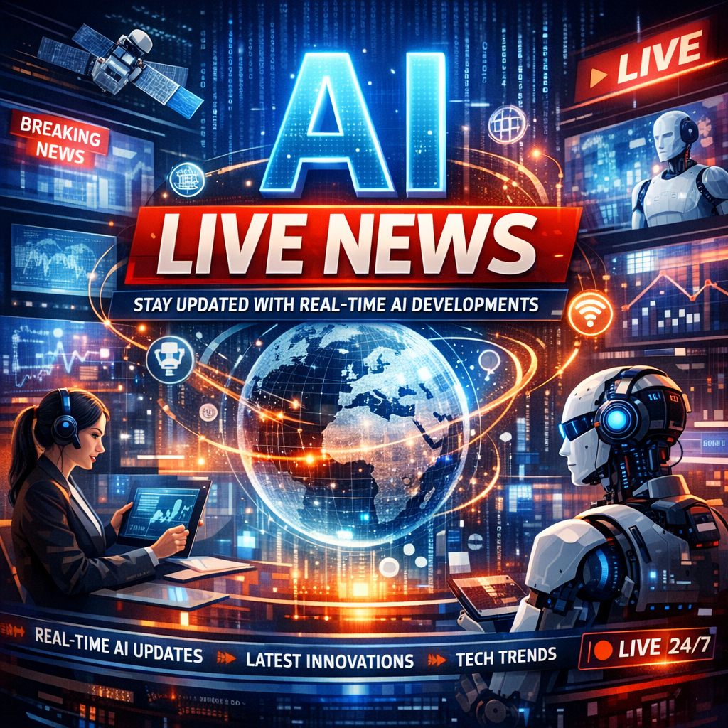 A live news broadcast about AI technology, displaying real-time updates and stories.