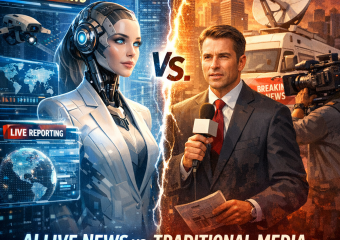 Two screens comparing AI live news and traditional media, highlighting differences in reporting methods.