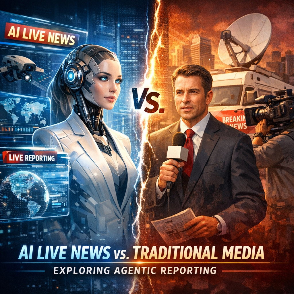 Two screens comparing AI live news and traditional media, highlighting differences in reporting methods.