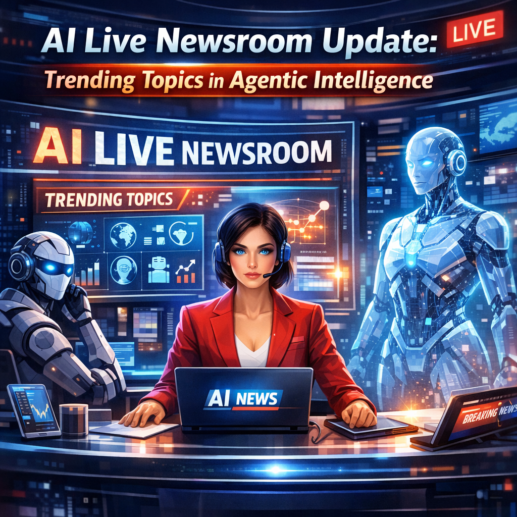 Futuristic robots and a news anchor in an AI live newsroom discussing agentic intelligence.