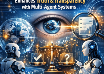 Graphic of a digital news interface displaying layers of fact-checking with multi-agent system icons.