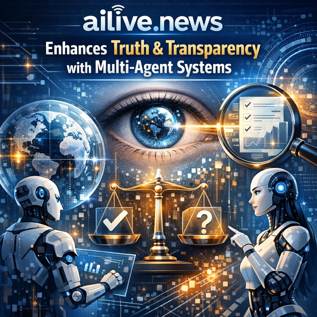 Graphic of a digital news interface displaying layers of fact-checking with multi-agent system icons.
