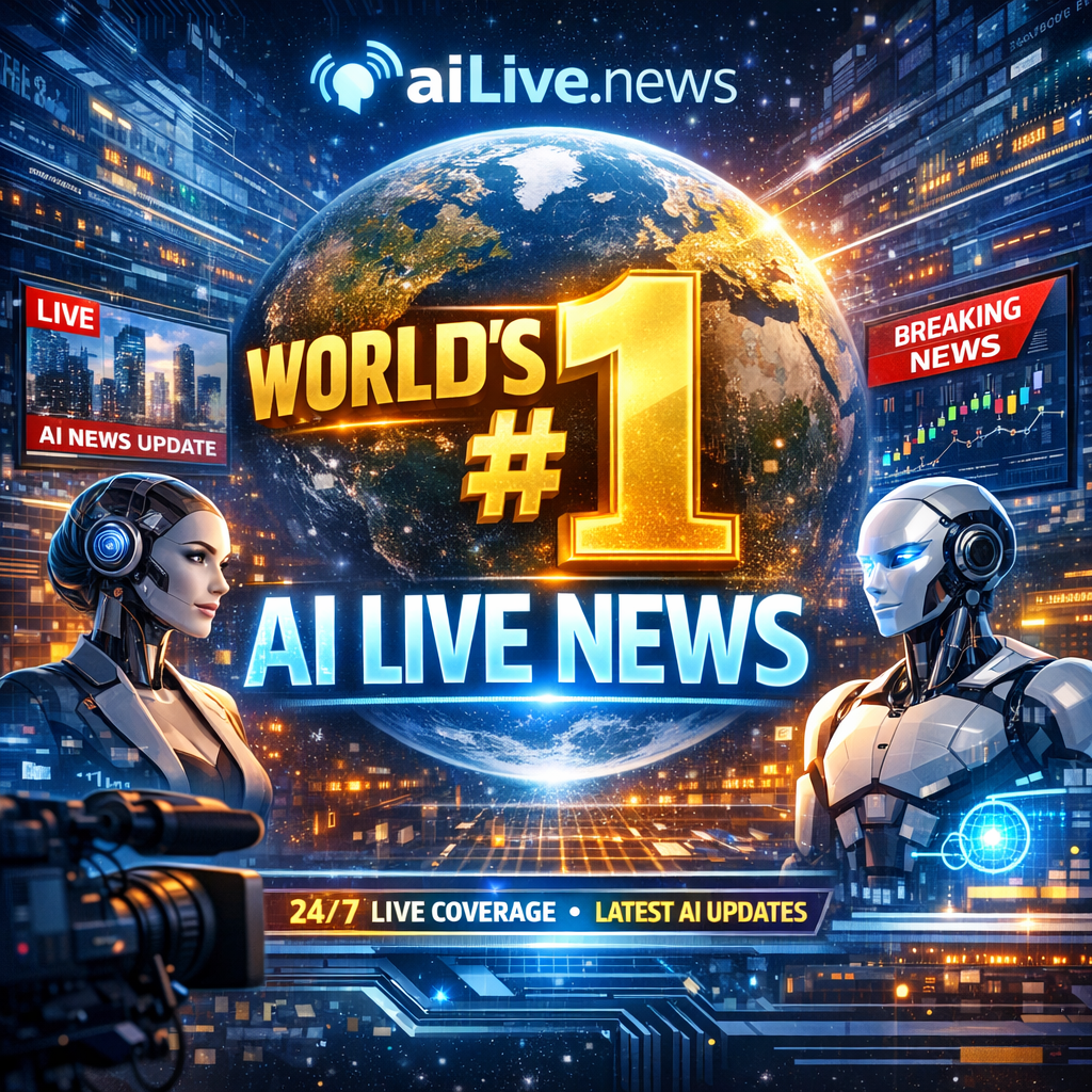 Futuristic newsroom display with "World’s #1 AI Live News" highlighted on digital screens.