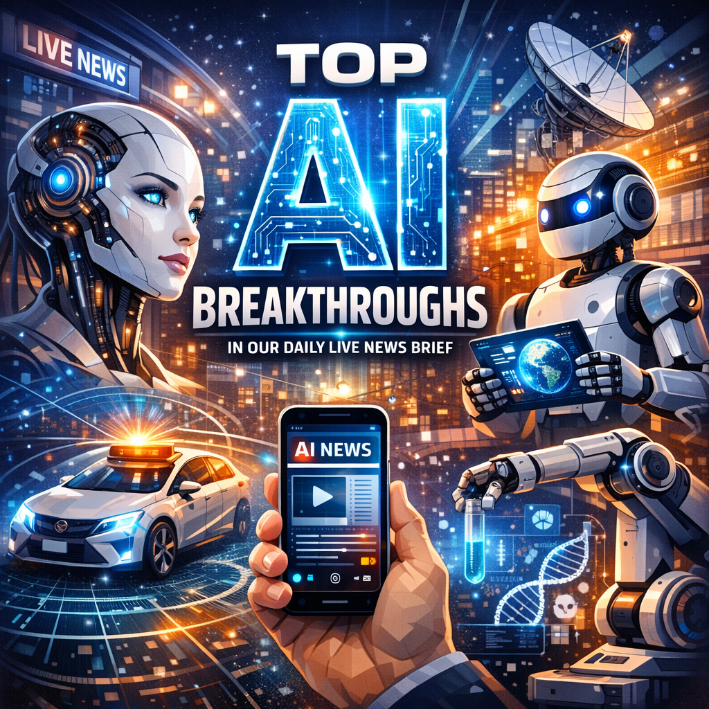 Futuristic robots and smart technology depicted with live news updates on AI breakthroughs.