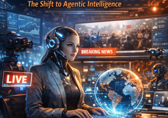 "Futuristic depiction of AI-driven journalism using advanced technology for global news coverage."