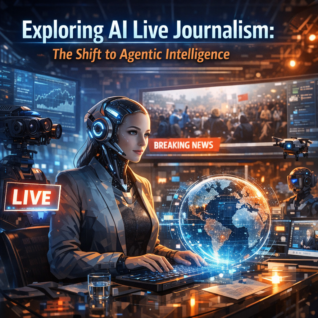 "Futuristic depiction of AI-driven journalism using advanced technology for global news coverage."