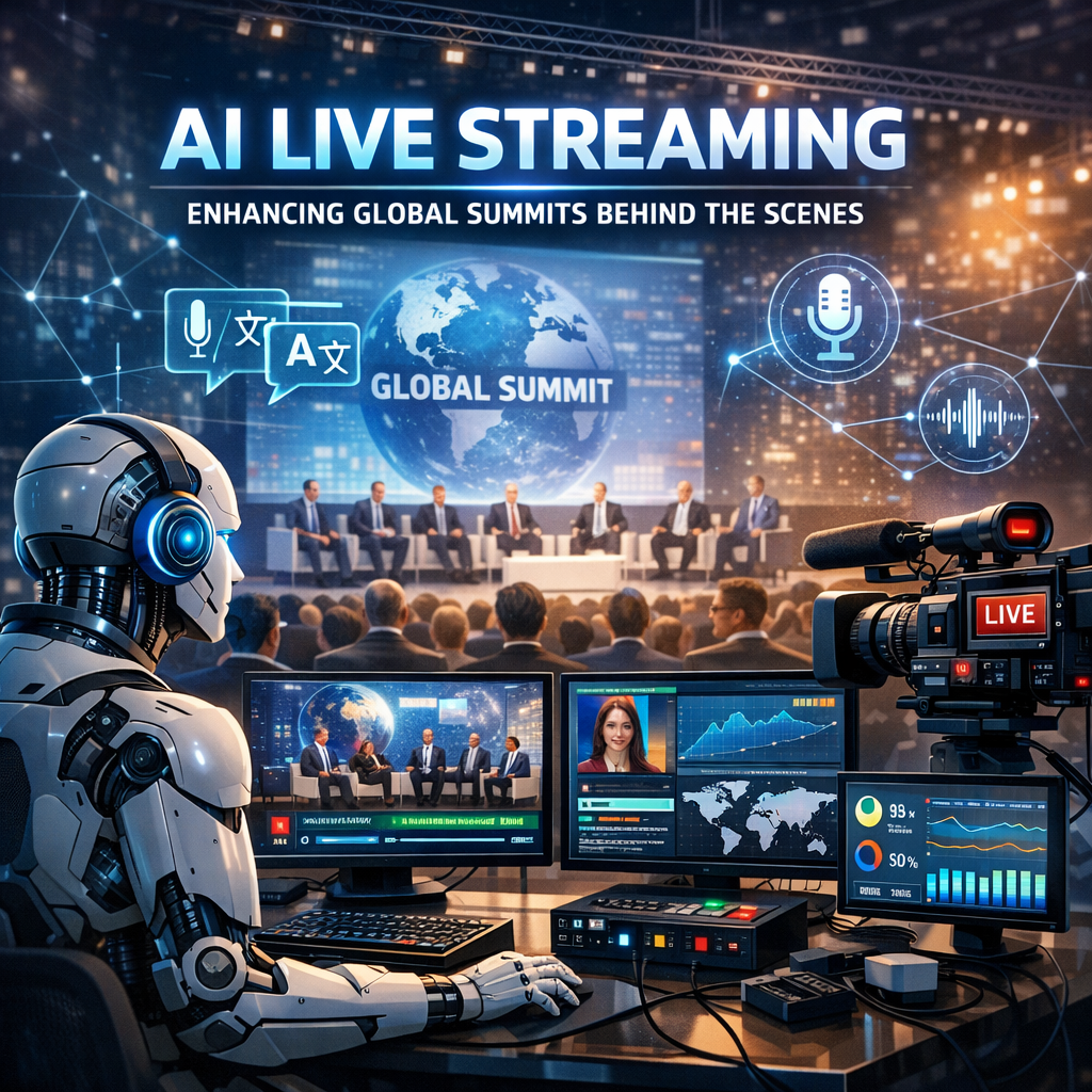 Technicians monitoring AI live streaming equipment at a global summit.