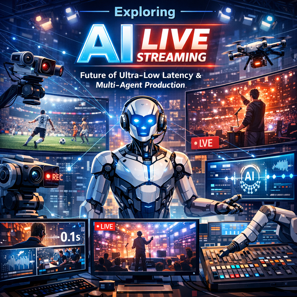 Futuristic AI live streaming setup at a high-tech sports event, highlighting ultra-low latency and multi-agent production.