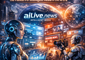 Futuristic digital newsroom with AI robots and advanced technology, representing aiLive.news as pioneers of Intelligent Media