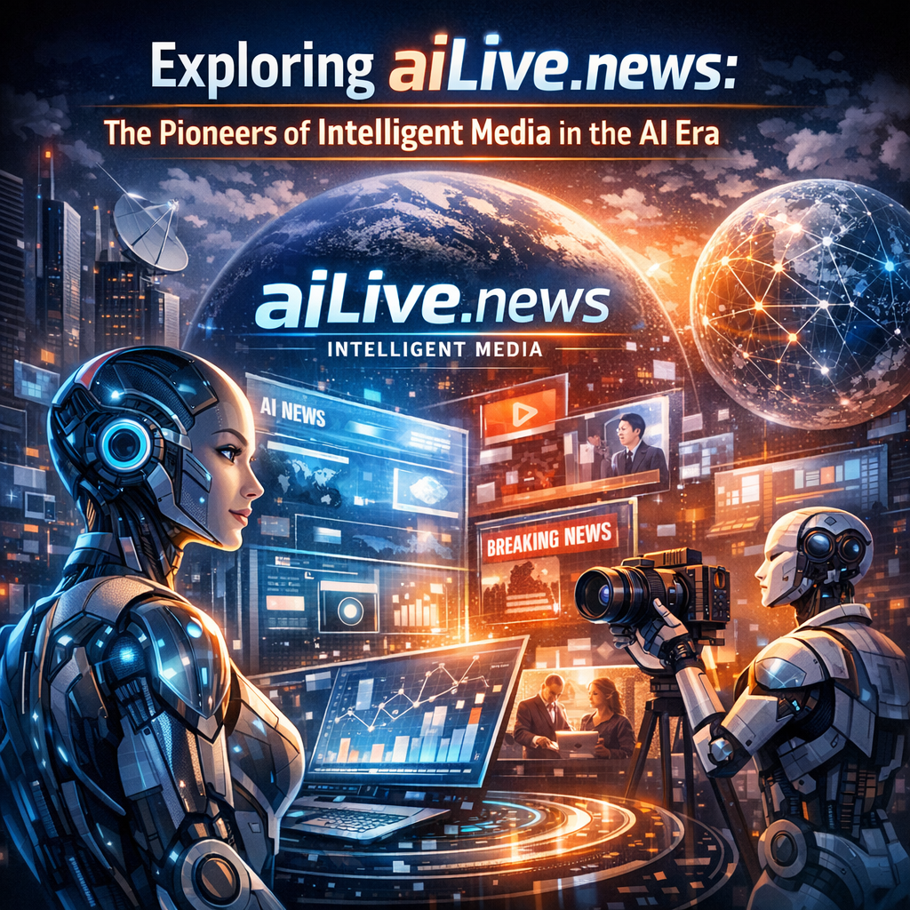 Futuristic digital newsroom with AI robots and advanced technology, representing aiLive.news as pioneers of Intelligent Media