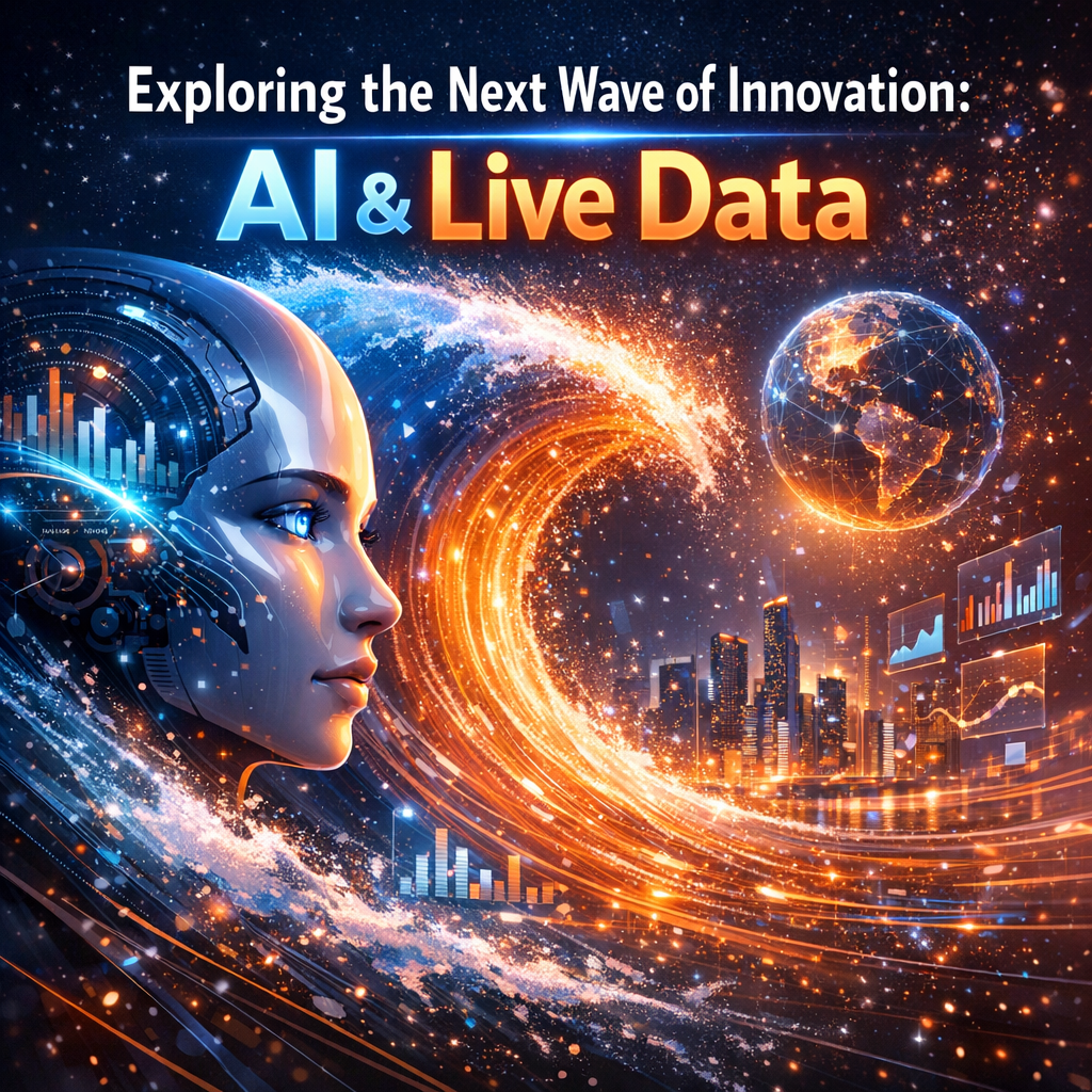 Futuristic visualization of AI technology with streaming data and digital innovation icons.