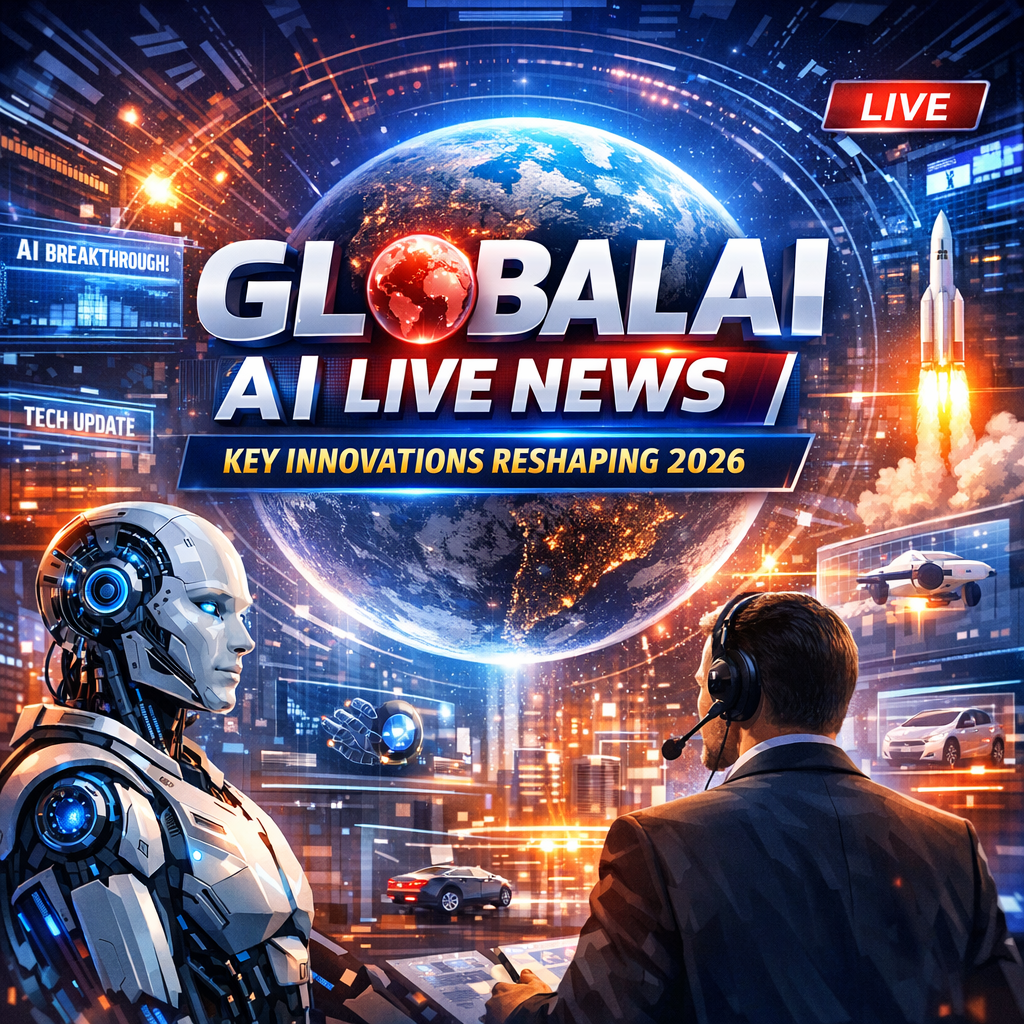 Global AI live news broadcast, featuring futuristic technology and robotics for 2026 innovations.