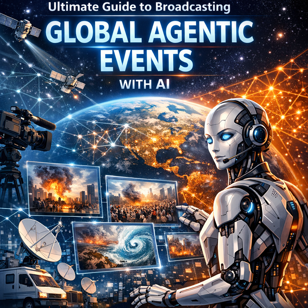 Futuristic depiction of AI and satellite technology broadcasting a global event.