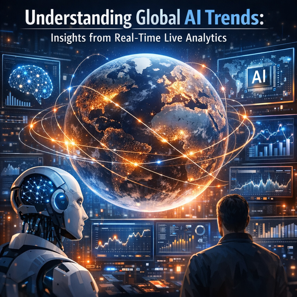 Futuristic visualization of global AI trends and real-time analytics on a digital interface.