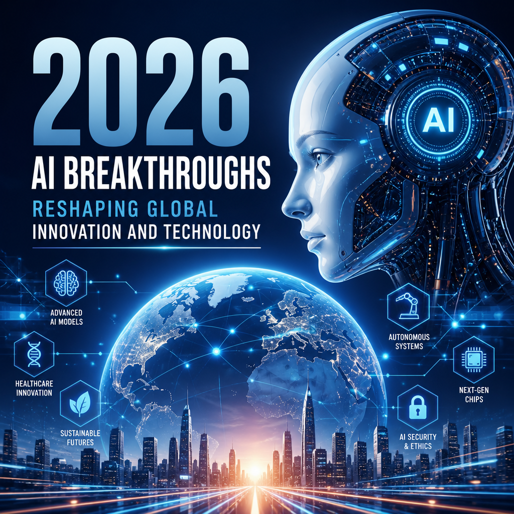 2026 AI breakthroughs visualized with a digital human, glowing Earth, smart cities, and connected technology.
