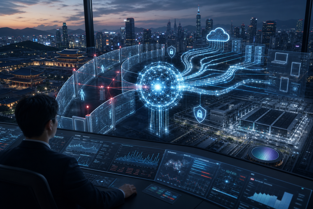 A cybersecurity operator monitors a secure cloud network connecting city infrastructure and devices
