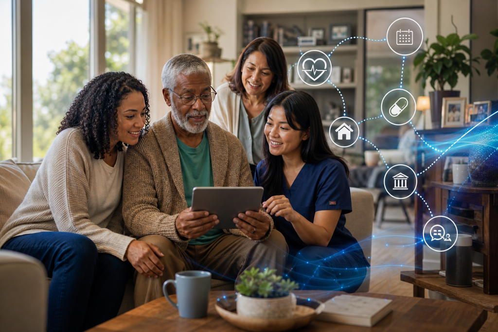 A healthcare professional helps an older man use a tablet, with family members nearby and icons representing connected care