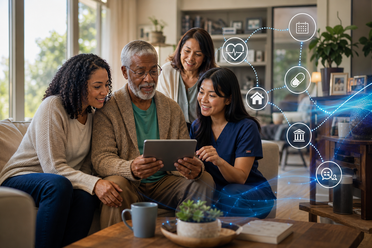 A healthcare professional helps an older man use a tablet, with family members nearby and icons representing connected care