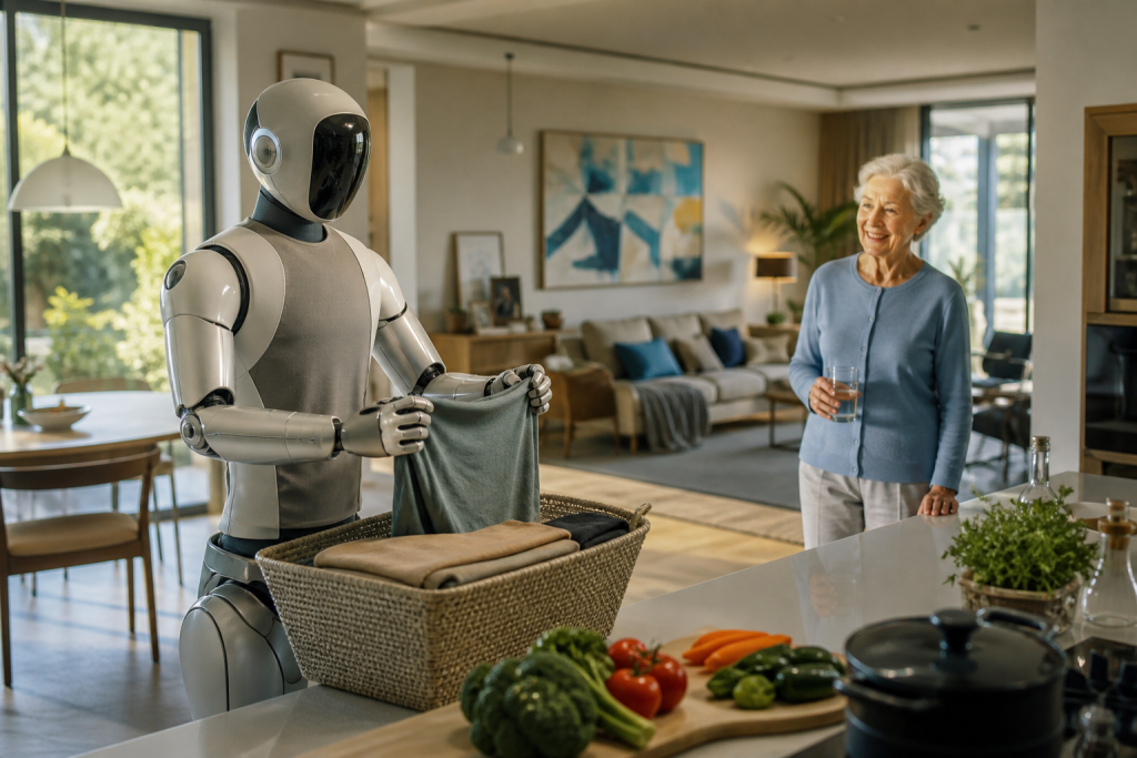 A humanoid robot holds folded laundry while an older woman watches in a modern home