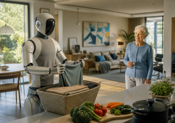 A humanoid robot holds folded laundry while an older woman watches in a modern home