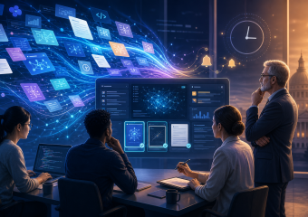 A team studies a digital data dashboard with network diagrams, charts, code, and floating technology icons