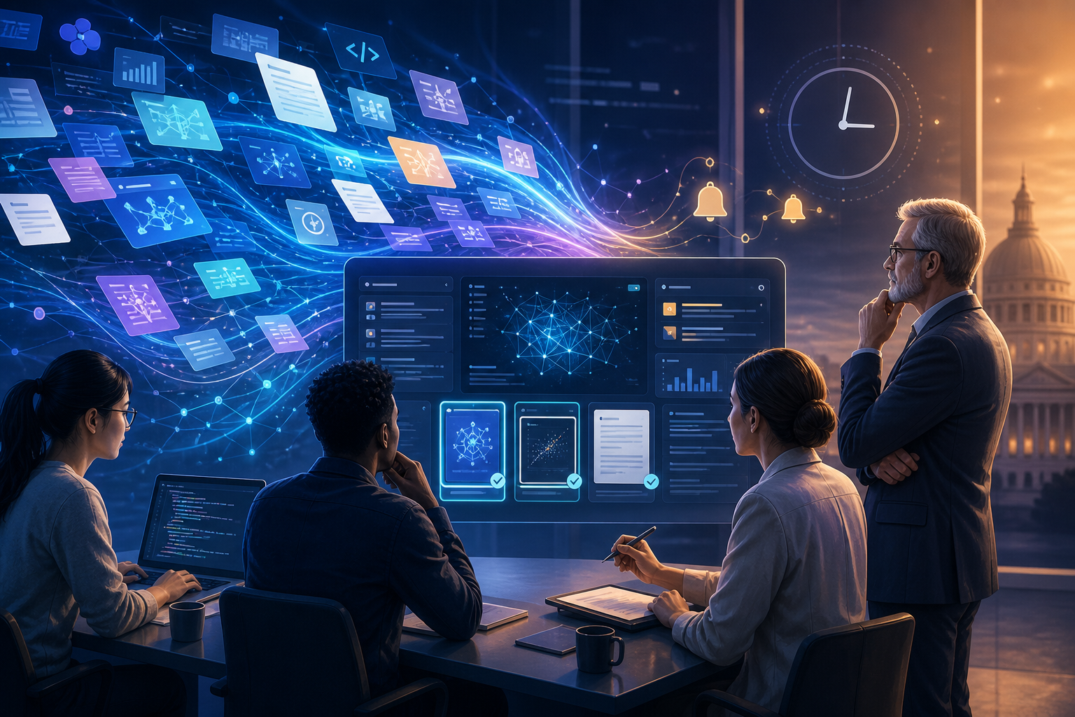 A team studies a digital data dashboard with network diagrams, charts, code, and floating technology icons