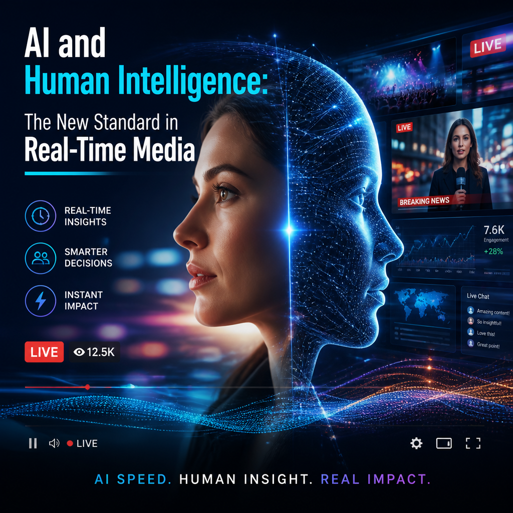 Woman’s profile beside a glowing digital face, symbolizing AI and human intelligence in real-time media.