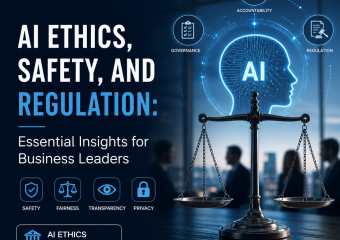 Glowing AI profile with balanced justice scales and governance icons representing AI ethics, safety, and regulation.