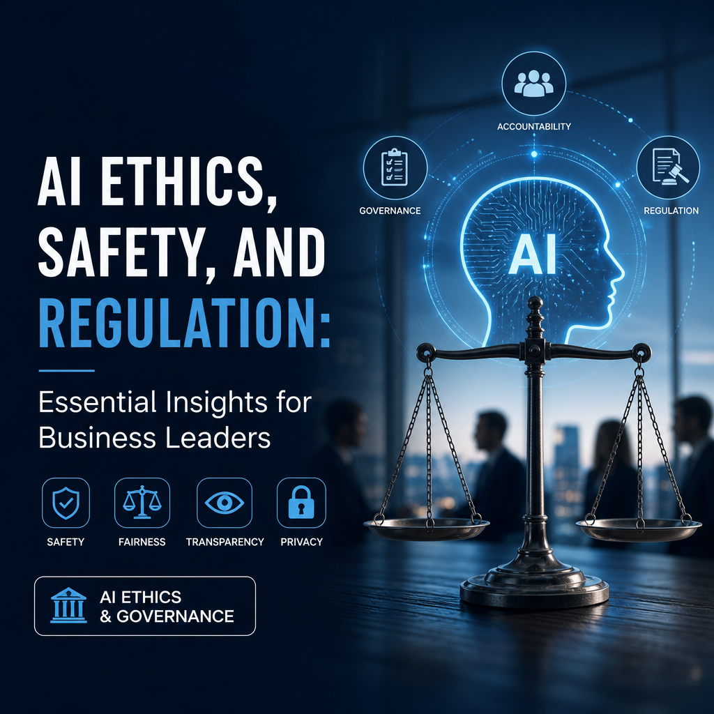 Glowing AI profile with balanced justice scales and governance icons representing AI ethics, safety, and regulation.