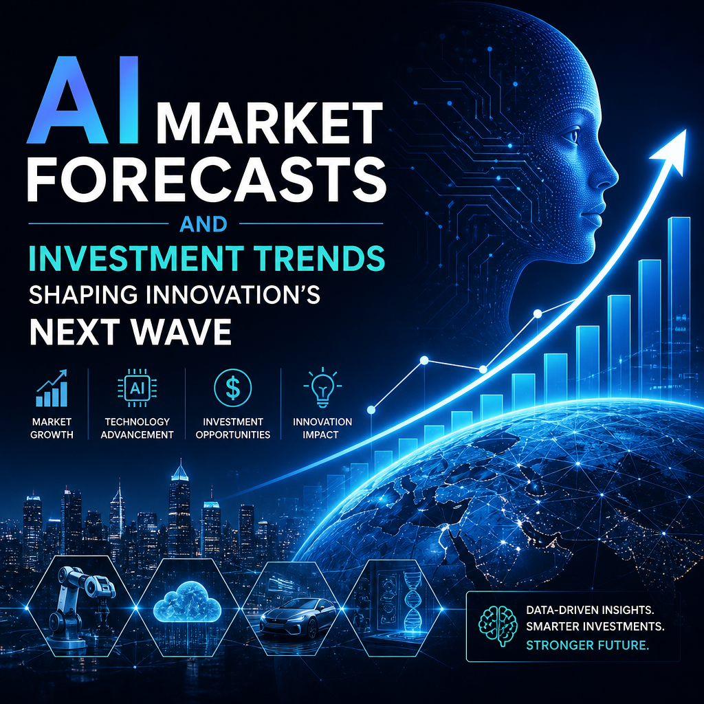 Glowing digital globe with rising charts illustrating AI market forecasts and investment trends in futuristic technology.