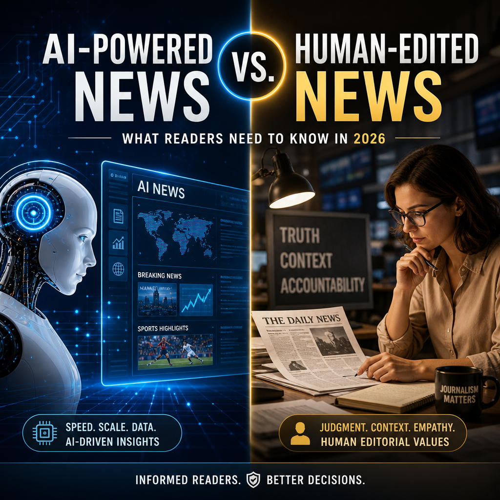 AI-powered news versus human-edited news graphic comparing speed, context, accountability, and informed decision-making.