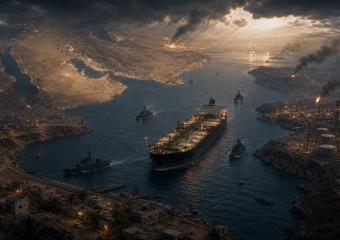 An oil tanker escorted by naval ships through a narrow strait, with fires and smoke rising from industrial shore facilities