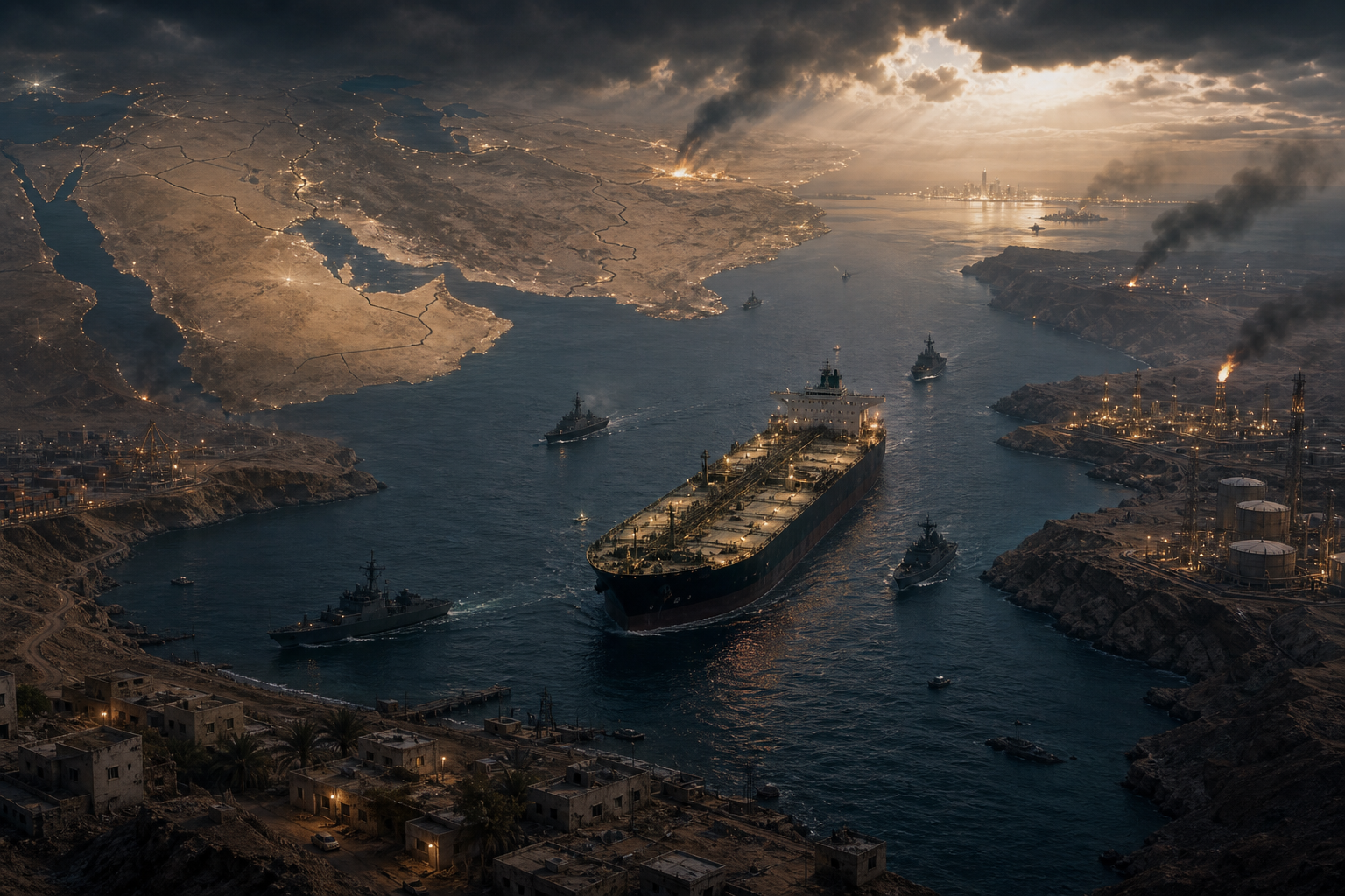 An oil tanker escorted by naval ships through a narrow strait, with fires and smoke rising from industrial shore facilities