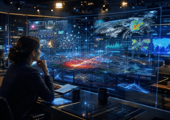 Analyst monitoring holographic dashboards displaying global maps, weather patterns, network activity, and data visualizations