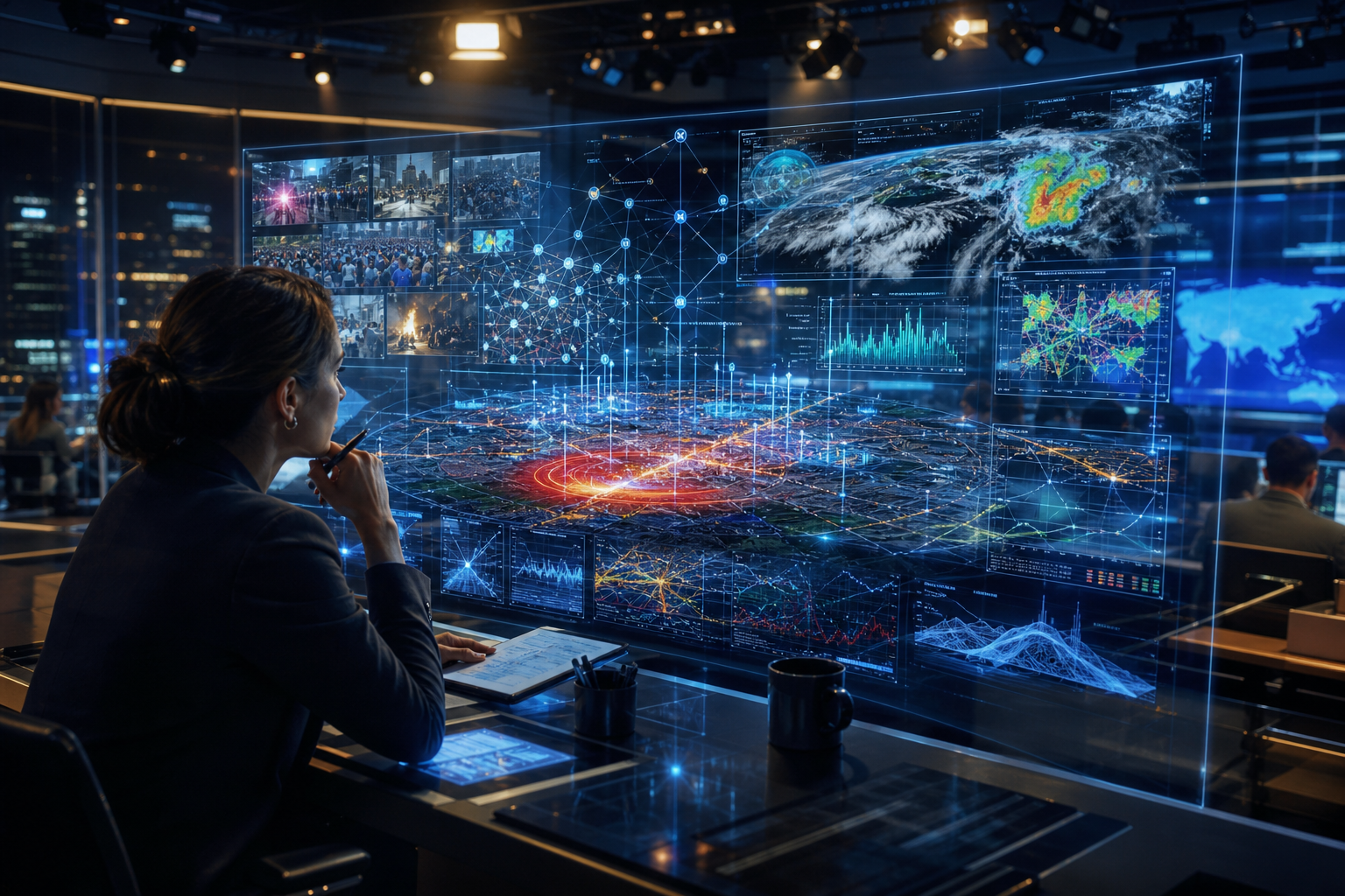 Analyst monitoring holographic dashboards displaying global maps, weather patterns, network activity, and data visualizations