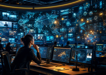 Analyst monitors global network activity on multiple screens in a high-tech operations center