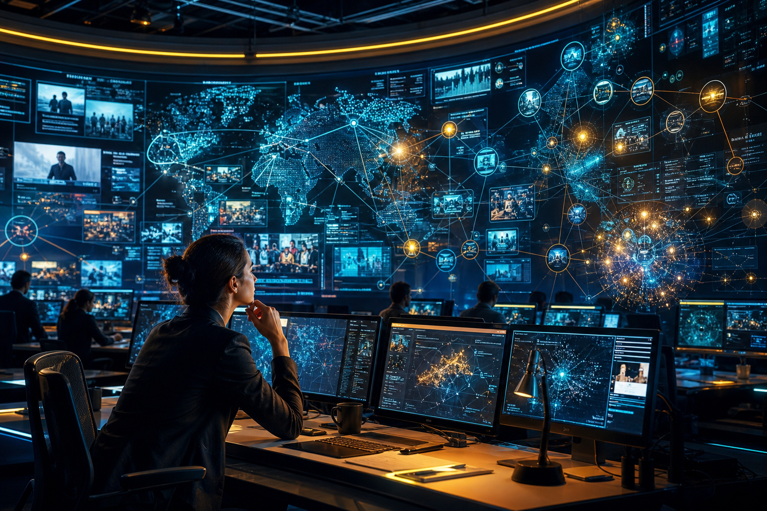 Analyst monitors global network activity on multiple screens in a high-tech operations center