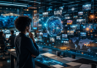 Analyst viewing a holographic globe and interconnected global data displays in a futuristic operations center