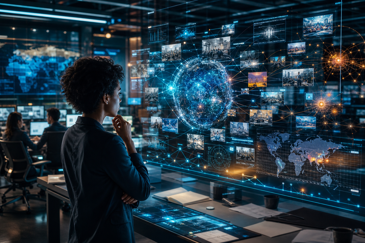 Analyst viewing a holographic globe and interconnected global data displays in a futuristic operations center