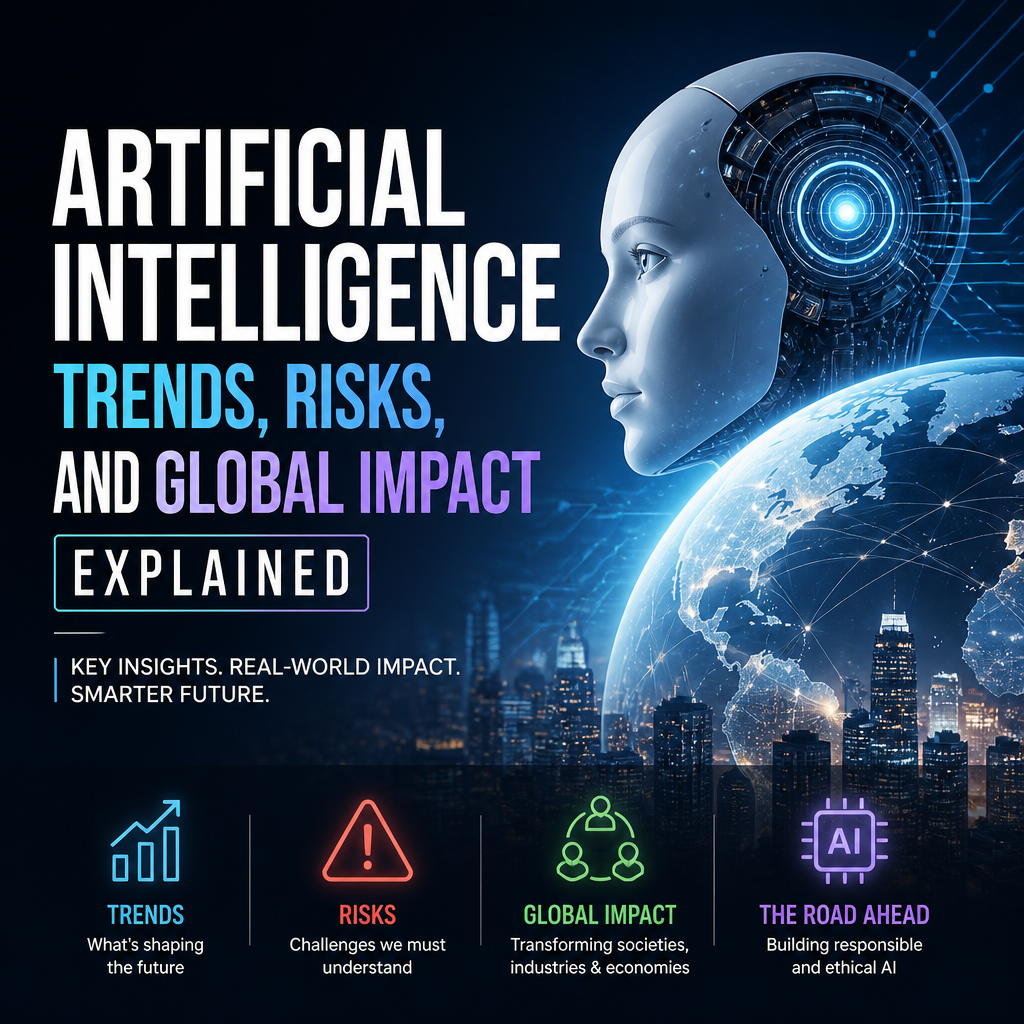 Futuristic robot beside Earth illustrating artificial intelligence trends, risks, and global impact.