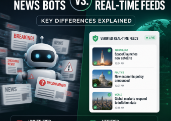 Infographic comparing automated news bots and verified real-time feeds by speed, accuracy, sourcing, and context.
