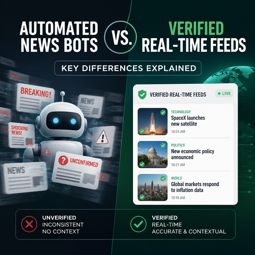 Infographic comparing automated news bots and verified real-time feeds by speed, accuracy, sourcing, and context.