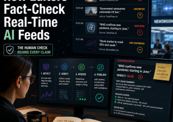 Editor reviews real-time AI news feeds, verifying sources and flagging uncertainty on a fact-checking dashboard.
