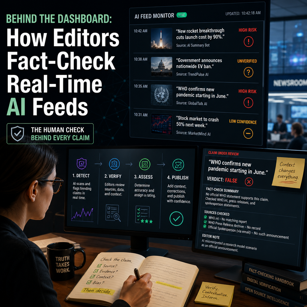 Editor reviews real-time AI news feeds, verifying sources and flagging uncertainty on a fact-checking dashboard.