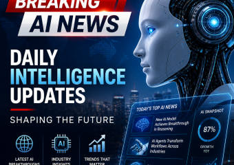 Futuristic humanoid robot beside a “Breaking AI News” banner highlighting daily intelligence updates.